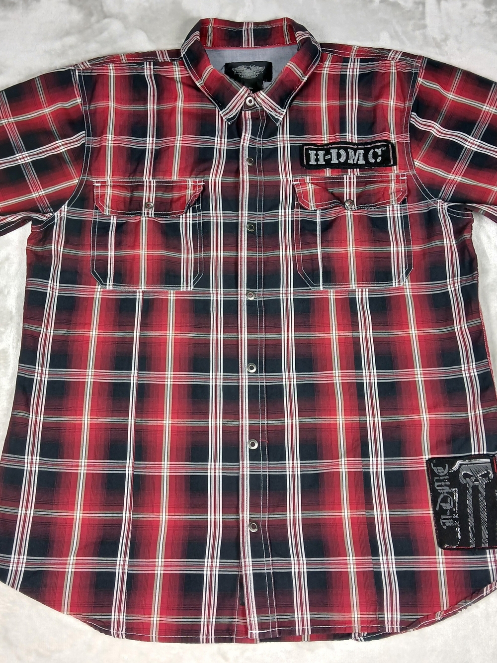 Harley Davidson Button Up Shirt XL Men's Short Sleeve Plaid H-DMC Patch